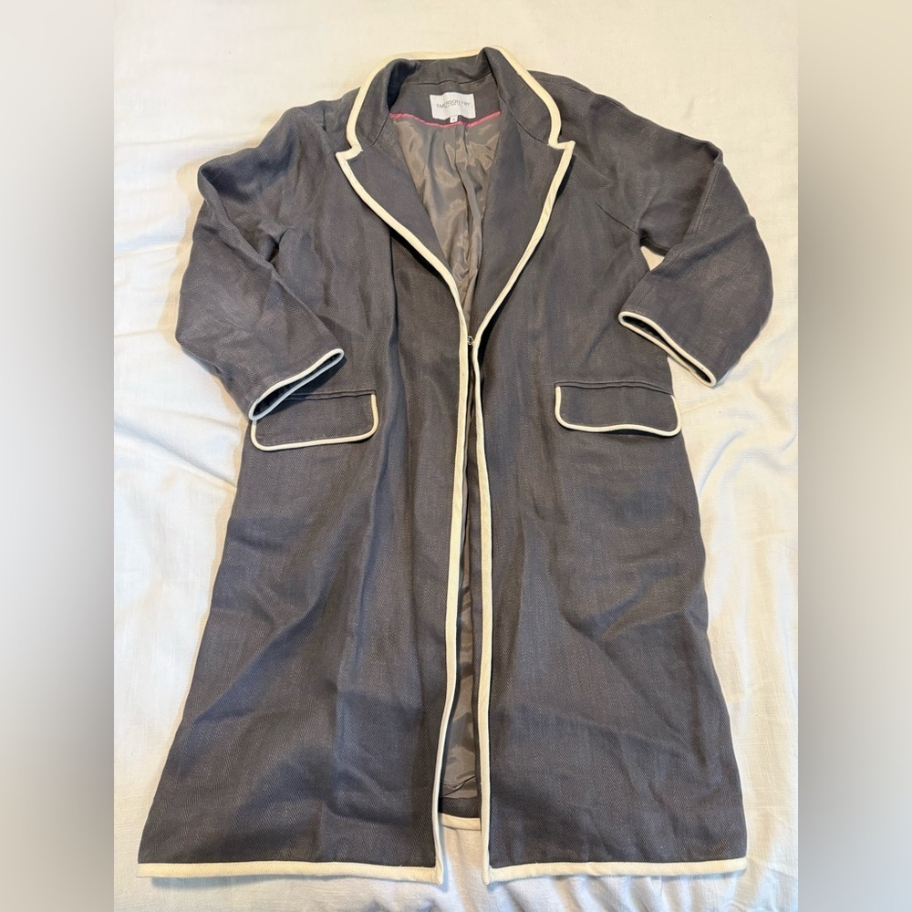 Emerson Fry Gray Wrap Jacket White Trim Belt Small 100% Linen Twill Layer Topper